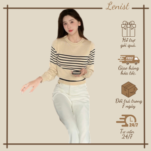 Áo dệt kim tay dài kẻ ngang nữ kiểu cổ tròn len